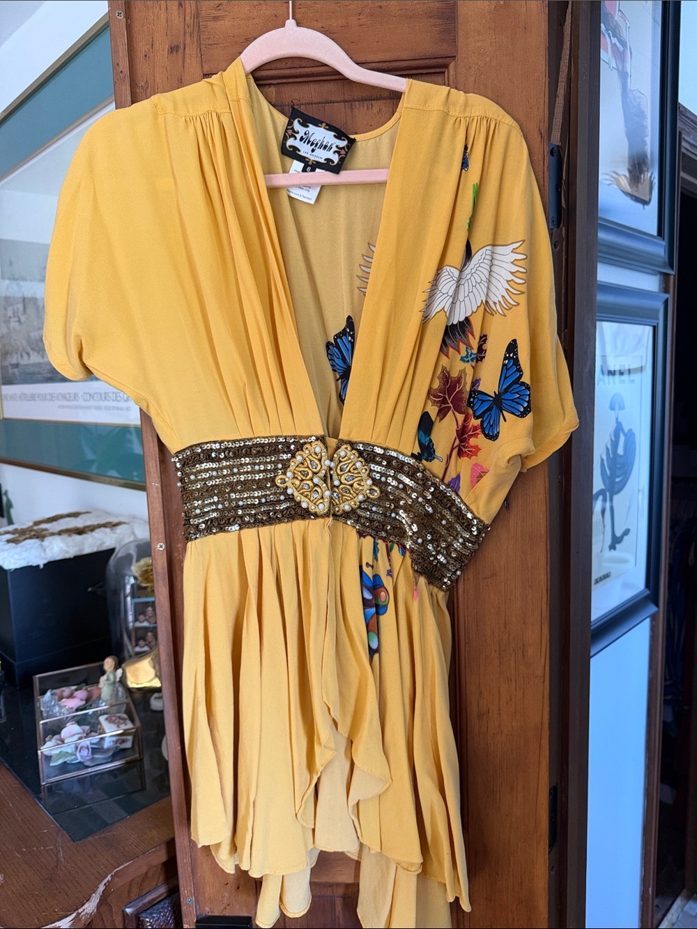 Meghan LA Yellow Butterfly-Print Mini Dress with Sequin Embellished Waist